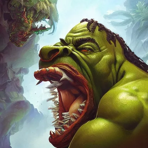 Image similar to snoop dog as hulk fights giant ganja plant, highly detailed, concept art, art by wlop and artgerm and greg rutkowski, masterpiece, trending on artstation, 8 k