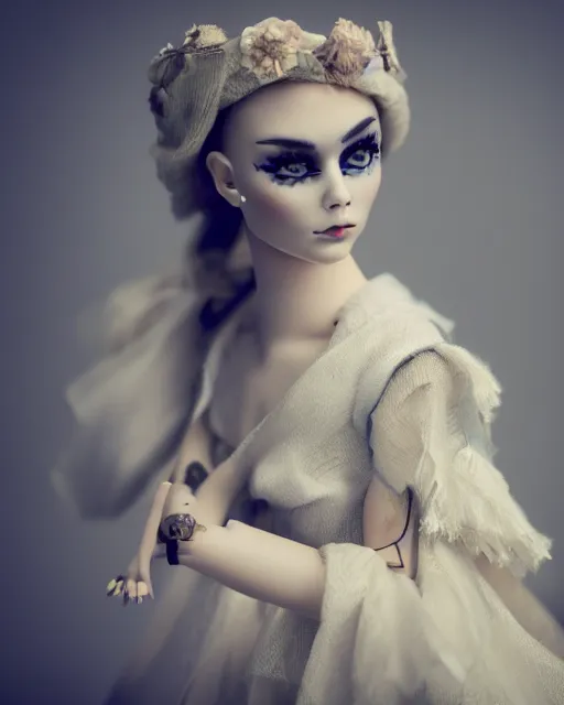 Image similar to high quality presentation photo of cara delevigne as a porcelain doll, photography 4k, f1.8 anamorphic, bokeh, 4k, Canon, Nikon