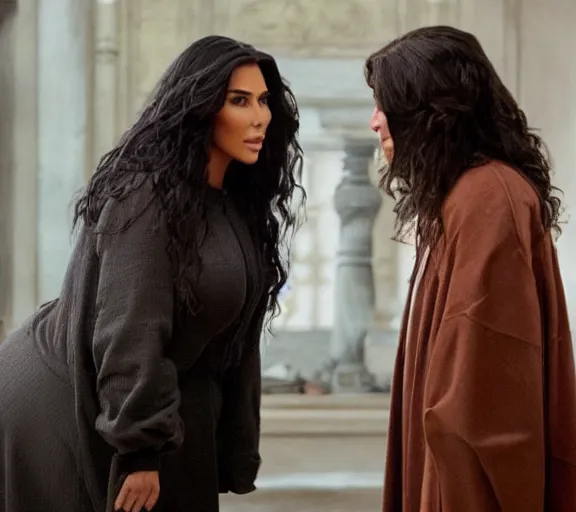 Image similar to a movie still of kim kardashian speaking to hagrid in the movie harry potter