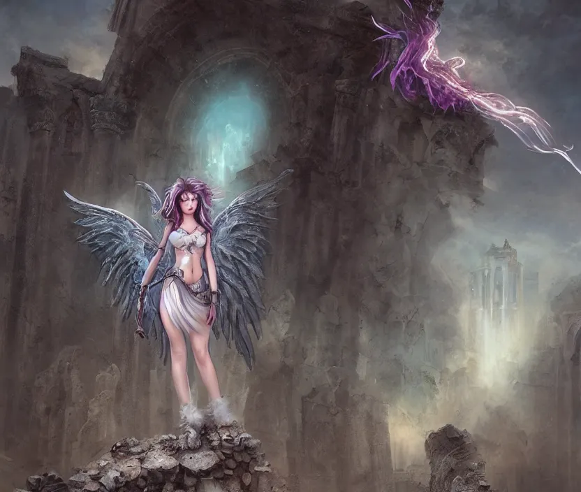 Image similar to Angel knight gothic girl on ancient ruins. By William-Adolphe Bouguerea, Jordan grimmer, fractal flame. Highly_detailded