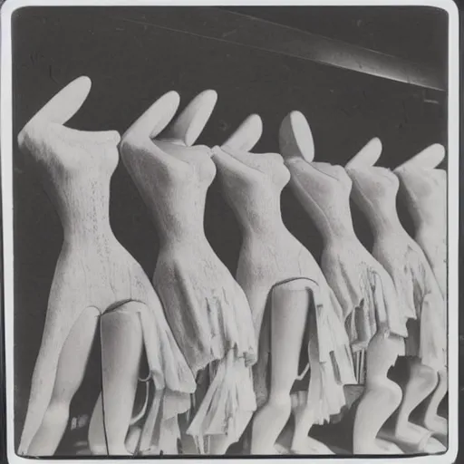 Prompt: creepy Polaroids of ominous department store wax mannequins melting during a heatwave 1929