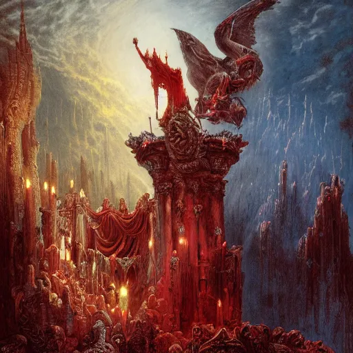 Image similar to the holy castle of Persephone along with hades, bright in fury, red and blue, with demon statues, hyperdetailed, artstation trending, world renowned artists, worth1000.com, historic artworks society, antique renewel, cgsociety, by greg rutkowski, by Gustave Dore, Deviantart