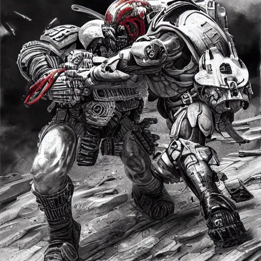 Prompt: The Predator fighting a Space Marine, intense combat, high detail, desolate landscape, Jung Gi Kim style, trending, masterpiece, high resolution, hand to hand combat