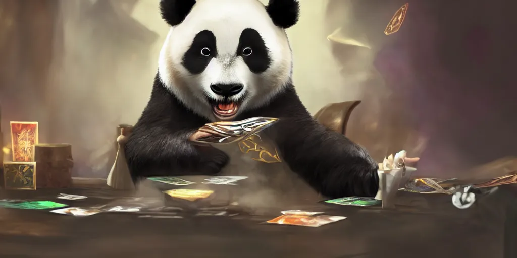 Image similar to A panda playing Magic the Gathering, artstation, 8k, photorealism