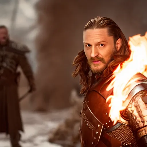 Prompt: A cinematic film still of Tom Hardy starring as Eddard Stark with flaming sword, portrait, 40mm lens, shallow depth of field, split lighting, cinematic