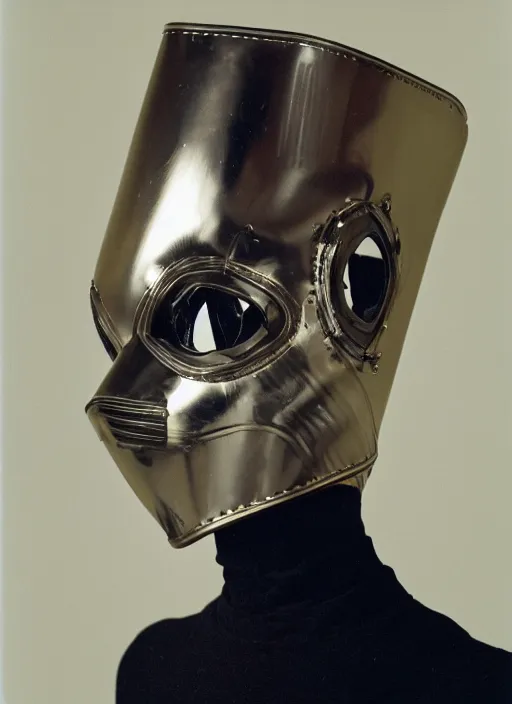 Prompt: a fashion portrait photograph of a woman wearing a metal mask designed by balenciaga, 3 5 mm, color film camera,