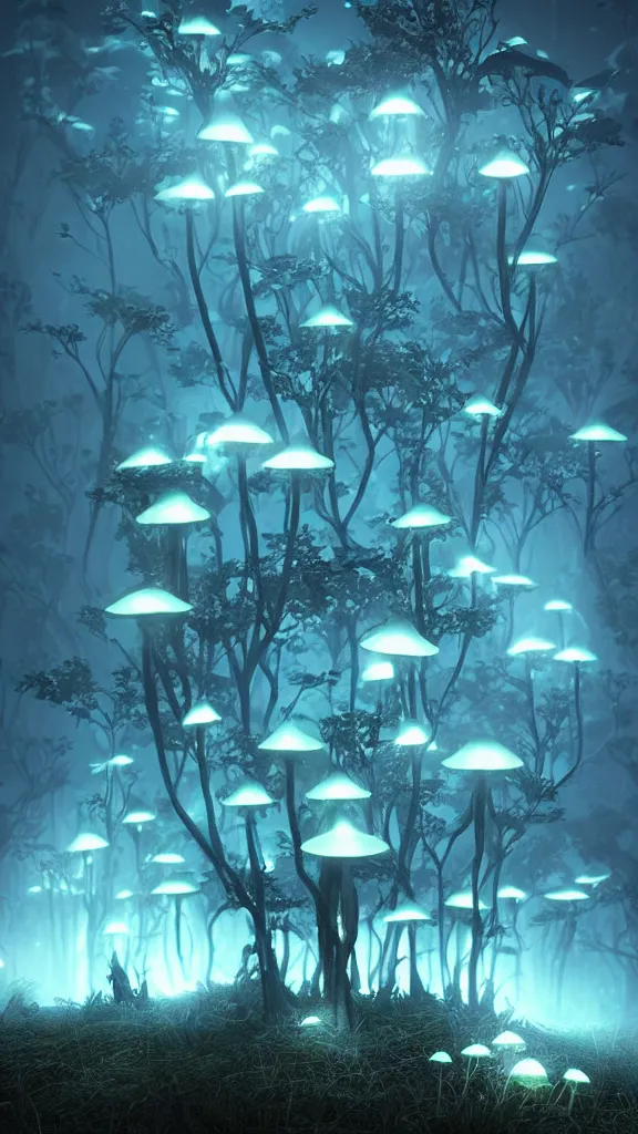 Image similar to “bioluminescent mushrooms, Artstation HQ, photorealistic, hiperrealistic, sharp focus, 4k UHD, Unreal Engine 5, cinematic shot, cinematic lightning, dark tones, high contrast, intricate, masterpiece”