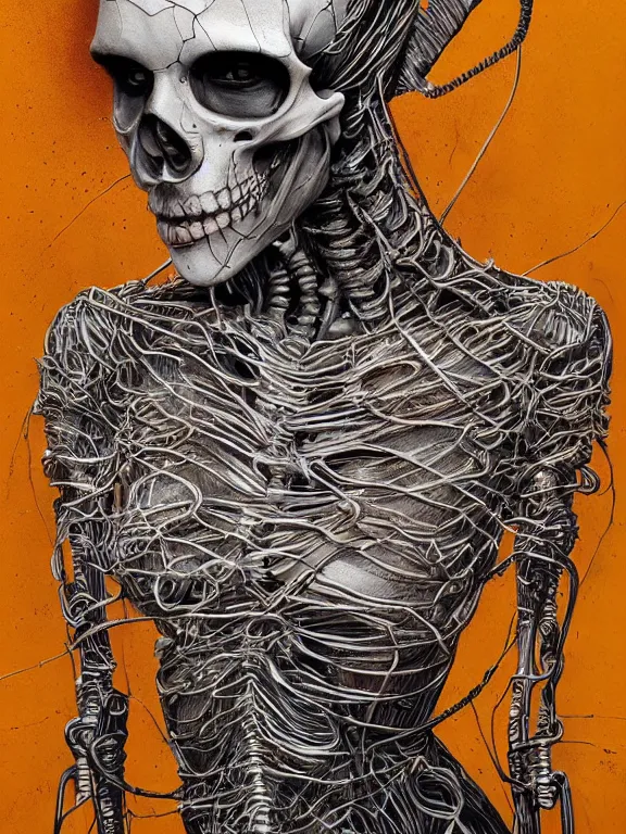 Image similar to art portrait of skeleton made of twisted steel wire ,8k,by tristan eaton,Stanley Artgermm,Tom Bagshaw,Greg Rutkowski,Carne Griffiths,trending on DeviantArt,face enhance,hyper detailed,minimalist ,full of colour,