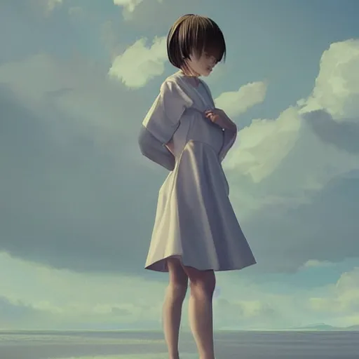 Image similar to clothed, worksafe. instagram photo, kodak portra. by wlop, ilya kuvshinov, krenz cushart, greg rutkowski, trending on pixiv. zbrush sculpt, octane, maya, houdini, vfx. full body portrait of a japanese junior idol, summer dress. oil painting. cinematic dramatic atmosphere, sharp focus, volumetric lighting.