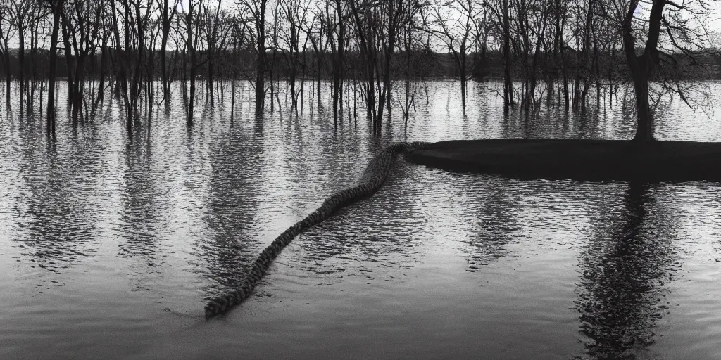 Image similar to symmetrical photograph of an infinitely long rope floating on the surface of the water, the rope is snaking from the foreground stretching out towards the center of the lake, a dark lake on a cloudy day, trees in the background, anamorphic lens directed by charlie kaufman