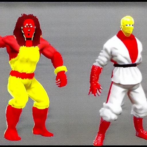 Image similar to screenshot of ronald mcdonald, white face, red afro, red nose and yellow outfit as fight enemy in 9 0's mortal kombat 3, mk 3, mortal kombat 3, sega genesis video game, upscaled to high resolution