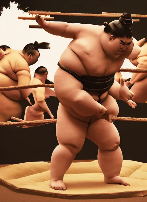 Prompt: A Sumo wrestler jumps 10 feet into the air in the dojo and is going to crash, dynamic lighting