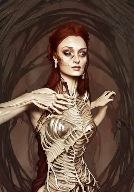 Prompt: mummy sansa in skeleton goddess of death and blood, intricate, elegant, highly detailed, digital painting, artstation, concept art, smooth, sharp focus, illustration, art by artgerm and greg rutkowski and alphonse mucha and william - adolphe bouguereau