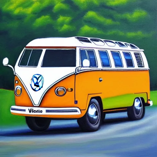 Image similar to a oil painting of a front view vw bus