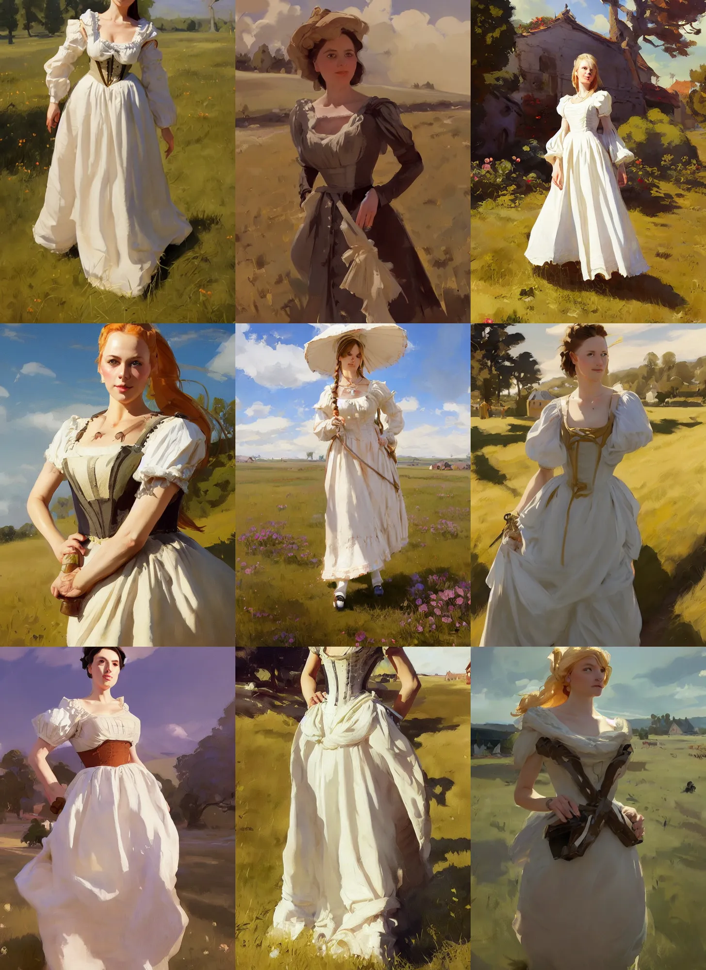 Prompt: finnish norwegian swedish scandinavian attractive glamour village maiden wearing 1 7 th century bodice with low neckline walking in the field in a sunny day, jodhpurs greg manchess painting by sargent and leyendecker studio ghibli fantasy medium shot asymmetrical intricate elegant matte painting illustration hearthstone by greg rutkowski by greg tocchini by james gilleard
