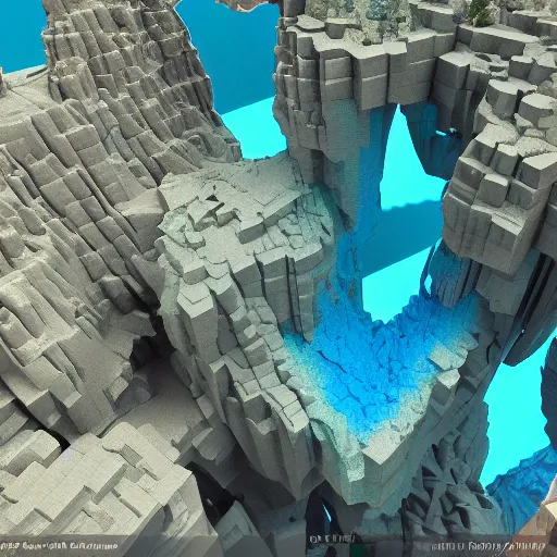 Prompt: canyon made from voxels, microcubes, made of translucent opal, pastel colors, substance painter 3D, 8K VFX render