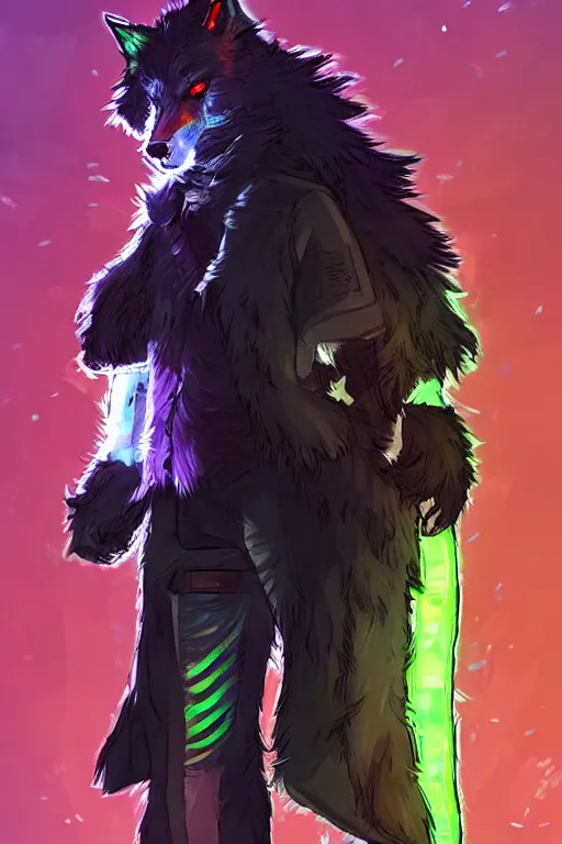 Image similar to a cyberpunk anthropomorphic wolf with a fluffy tail, comic art, trending on furaffinity, cartoon, kawaii, backlighting, furry art!!!, neon, concept art