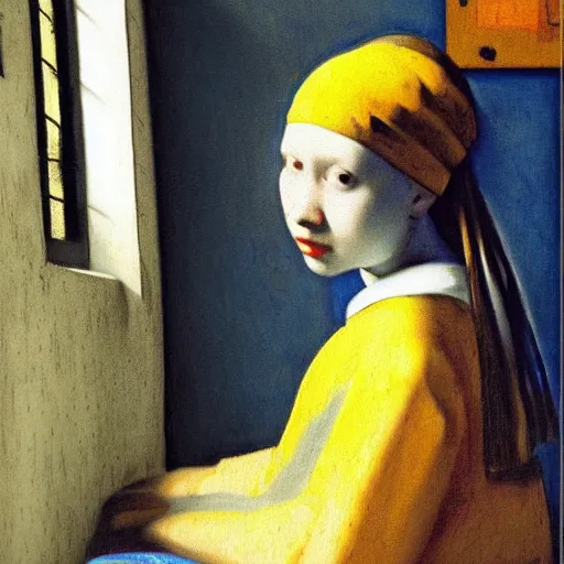 Prompt: a girl sitting in the subway, painting by Johannes Vermeer