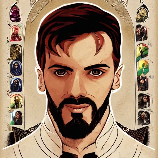 Prompt: a young middle eastern man with a goatie wearing doctor strange custom, movie promotion poster, comic book style, artstation, 4 k