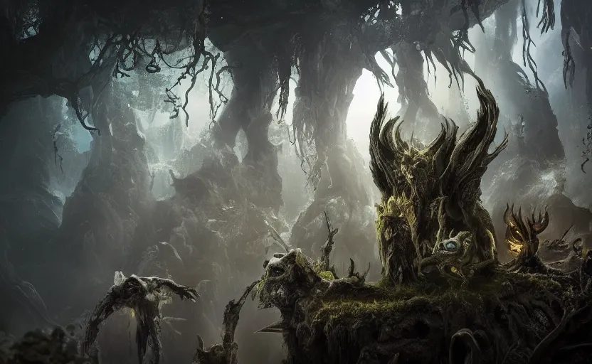 Image similar to ori and the olw, the underworld, or the great willow, was a place of a mid - size and great terror filled with a wide range of beings, including spirits, the undead, humanoids and savage guardians., close up bokeh hiperrealistic, high detailled, darkness dramatic, sharp focus, octane render, imax