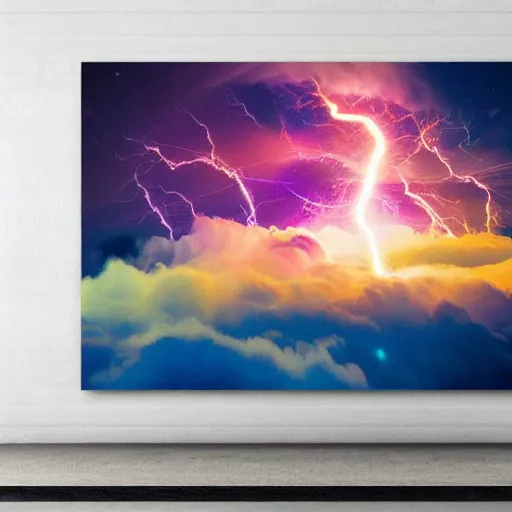Prompt: colorful clouds like fabric of time, surrounded by lightning, Colorful Space Landscape Canvas Art Print
