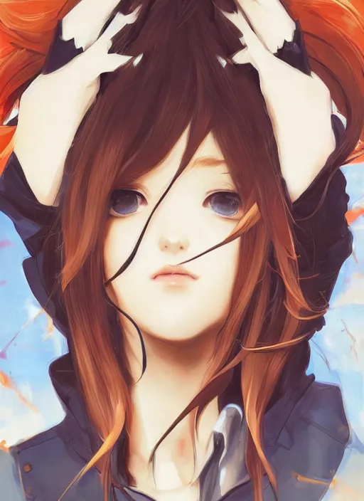 Image similar to portrait illustration by shigenori soejima, beautiful girl with fox ears, focus on face, pretty, cinematic lighting, painterly, long wavy orange hair, light brown trenchcoat