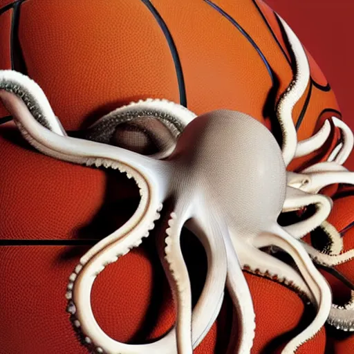 Image similar to octopus with past as its tentacles, and a basketball as its body