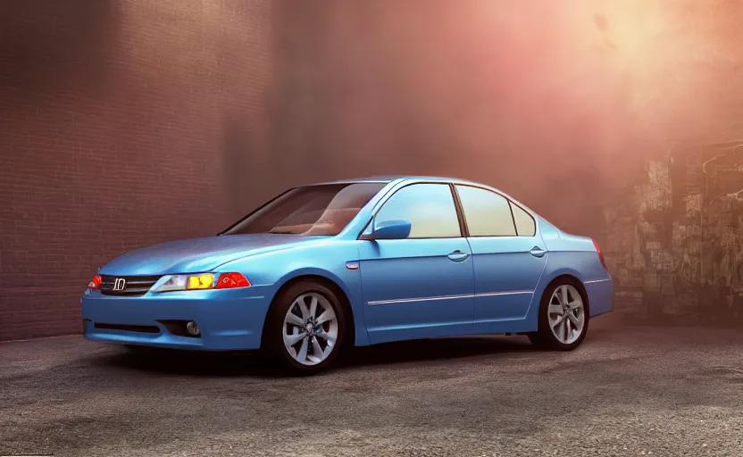 Image similar to blue 2 0 0 3 honda accord parked near a grey brick garage at sunrise, oil puddle under car, concept art, octane render, unreal engine 5, trending on artstation, high quality, 8 k, soft lighting, path traced, hyperrealistic, highly detailed, digital art, symmetrical, cinematic, high coherence, godrays