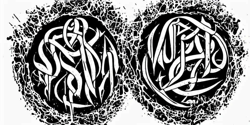 Image similar to masterpiece, black death metal logo calligraphy by thomas bokler, behance, white letters on black background