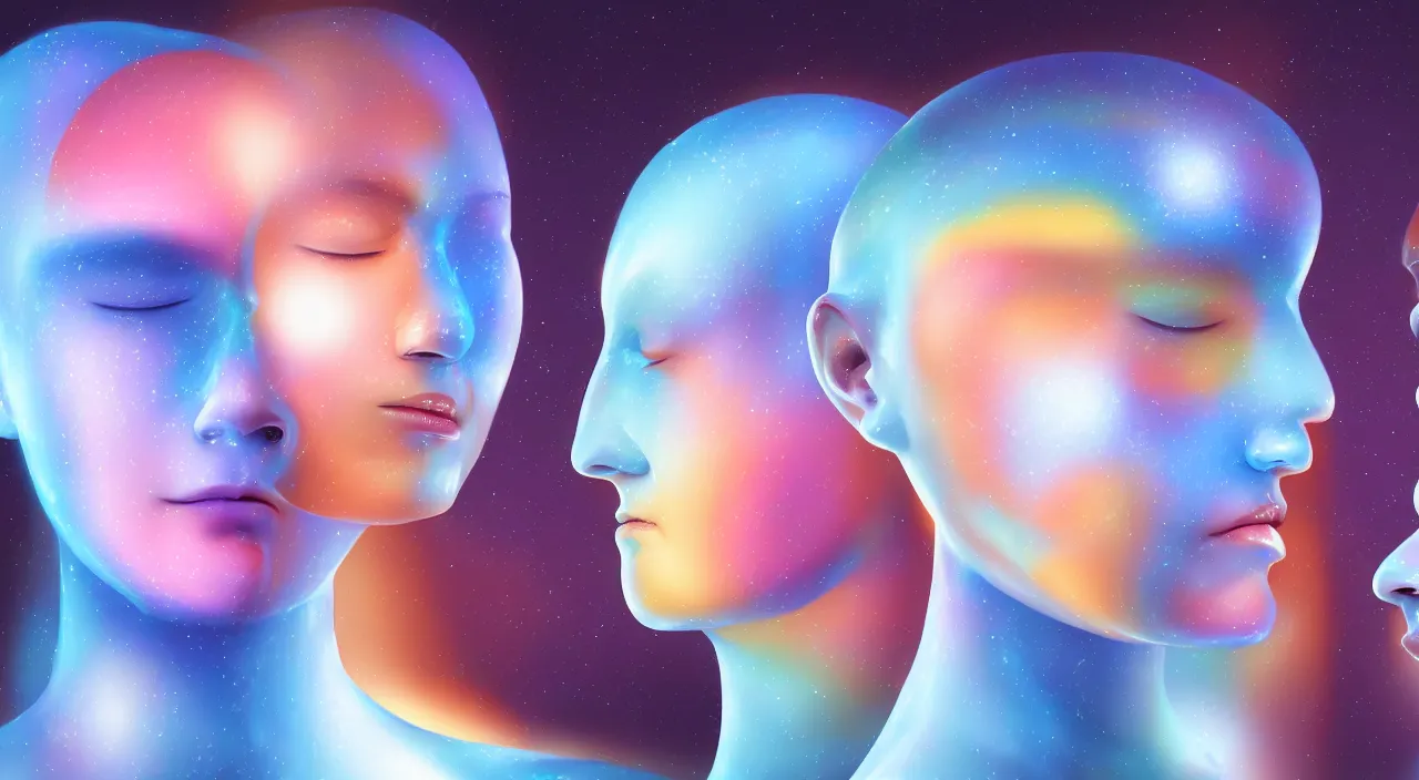 Image similar to a digital painting depicting a two ai android facing each other while their eyes are closed