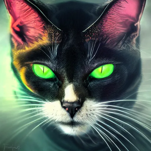 Image similar to beautiful fantasy portrait of a devil cat with green eyes, high detail, fantasy art, concept art, 4 k, ultra detail, computer art