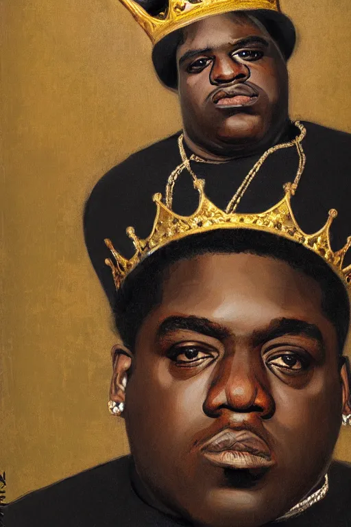 Image similar to ultra unrealistic portrait of rapper biggie smalls with kings crown and royal outfit, european, modern art, eclectic art, gold and colorful, illustration, by ramon casas