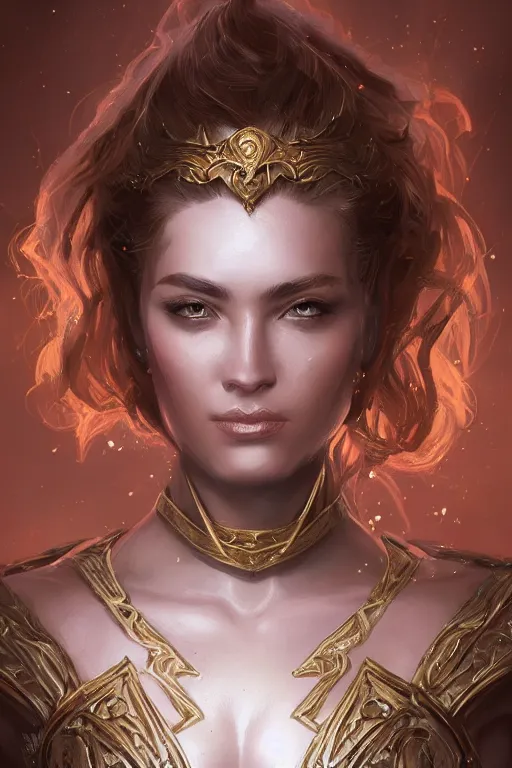 Image similar to three-quarters portrait pose of a beautiful woman, strong body, shining gold armor, human warrior, fantasy, intricate, elegant, highly detailed, digital painting, artstation, concept art, matte, sharp focus,D&D, illustration, art by Stanley Lau