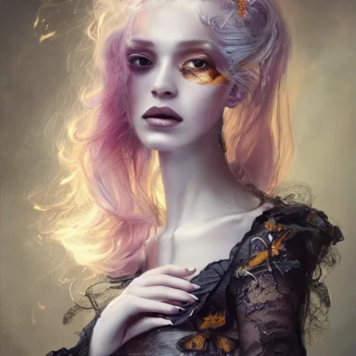 Image similar to A masterpiece portrait of a Incredibly beautiful futuristic high fashion queer model girl with A large luxurious Victorian amber skull necklace. Rococo silk and lace dress. trending on artstation, digital art, by Stanley Artgerm Lau, WLOP, Rossdraws, James Jean, Andrei Riabovitchev, Marc Simonetti, Yoshitaka Amano