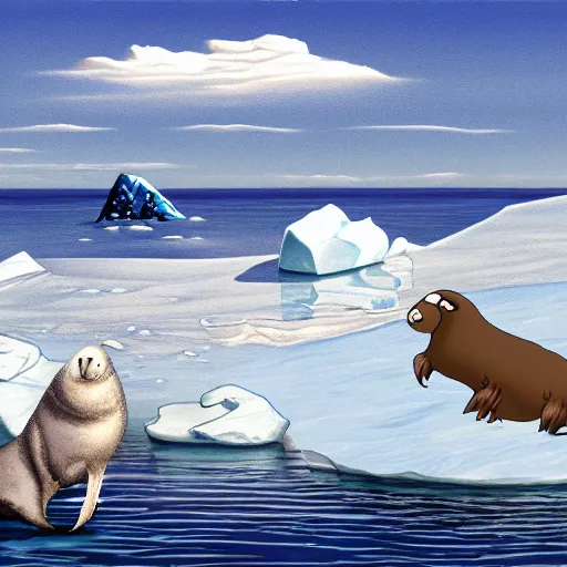 Image similar to cartoon drawing of a seal tossing a red ball with a sheep in antarctica. the seal's head is sticking out above the water and the sheep is standing near the edge of ice