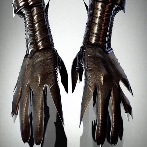 Image similar to metal claws on gloves, old leather gloves with attached talons, pointy fingertips, dark background, highly detailed, 8 k, trending on artstation, mystic, rpg artwork, by peter jackson, by sauron