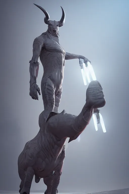 Prompt: a tall bull android with hard rubber coating standing, half body, intricate, 3 d, fantasy, depth of field, octane render, symmetrical, hyper realism, highly detailed, digital art, artstation, concept art, cinematic lighting, trending