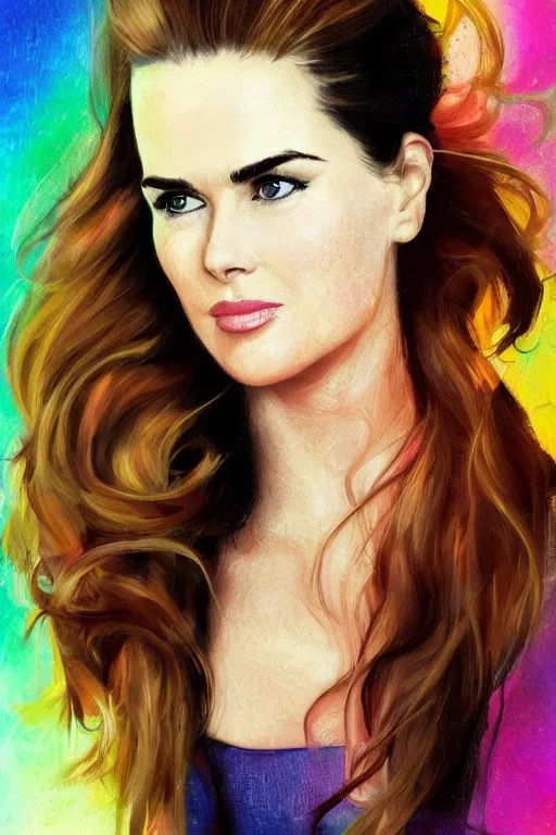 Prompt: portrait of a mix of beautiful young maria shriver, mariel hemmingway, brooke shields, nicole kidman and elle macpherson as an exercise gym girl, thin lips, hair tied up in a pony tail, colorful artstation, cgsociety