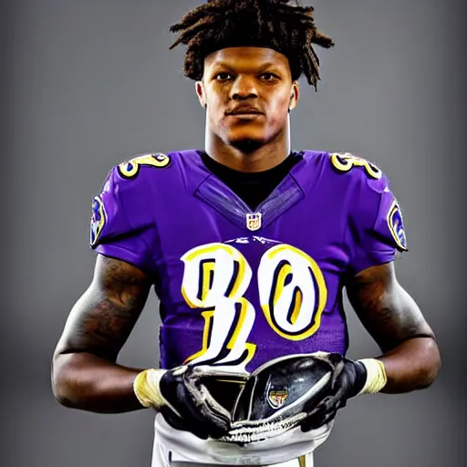 Prompt: portrait. lamar jackson baltimore ravens. holding lombardi trophy. sports photo. award winning photograph. lamar jackson's detailed face