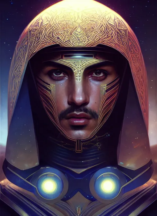 Image similar to Symmetry!! portrait of a arabian man, warrior in sci-fi armour, tech wear, glowing lights!! sci-fi, intricate, elegant, highly detailed, digital painting, artstation, concept art, smooth, sharp focus, illustration, art by artgerm and greg rutkowski and alphonse mucha