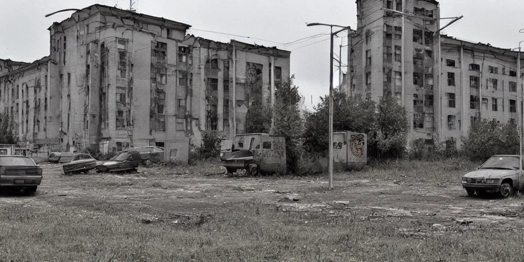 Prompt: a 1 9 9 0 s digital photo of an eastern european high school, probably russia, ukraine or poland abandoned after a war. russian graffiti is seen on the walls of the building, abandoned cars on the parking lot.