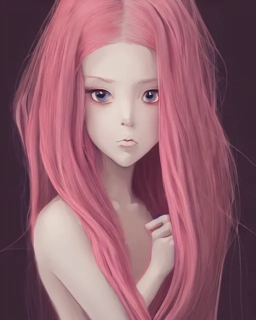 Image similar to a portrait of a young woman with very long pink hair undulating on the wind, light brown eyes, slightly chubby, pale skin, pretty, cute, by ghibli, trending on artstation