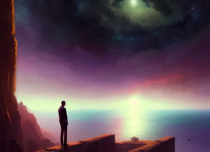 Image similar to dark silhuette of a man standing on a gray dull cliff looking out into a colorful cosmos, clouds, stars, rings, beautiful lighting, vivid colors, intricate, elegant, cgsociety, artstation trending, oil painting by greg rutkowski, by artgerm, by wlop