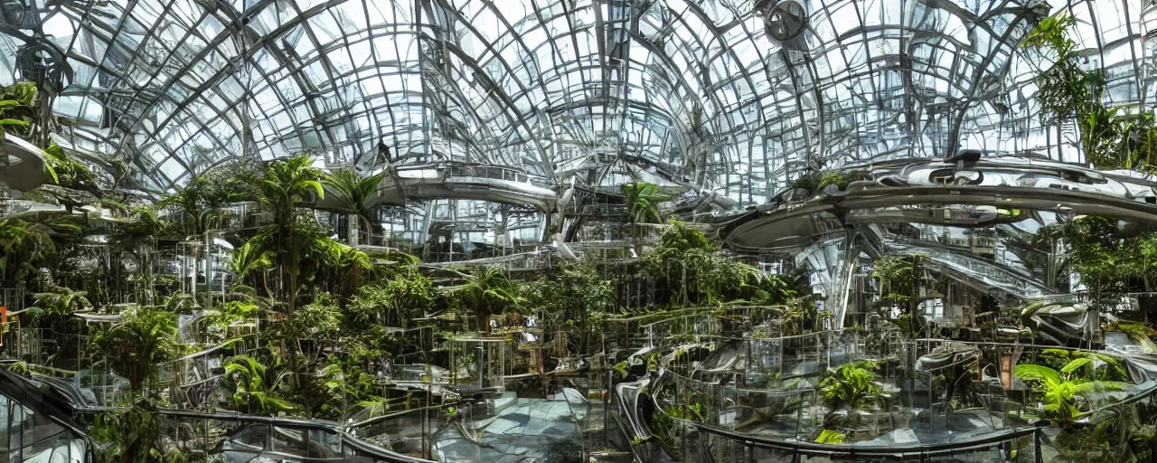 Prompt: a futuristic steampunk science laboratory, building made of huge glass panes ornate posts and beams and futuristic interior, built in the middle of a lush tropical rainforest