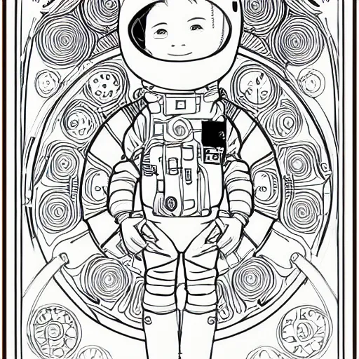 Image similar to clean simple line art of a cute little boy with short straight hair. he is dressed as an astronaut. no background. well composed, clean coloring book page, beautiful detailed face. coloring book line art by artgerm and greg rutkowski and johanna basford and alphonse mucha