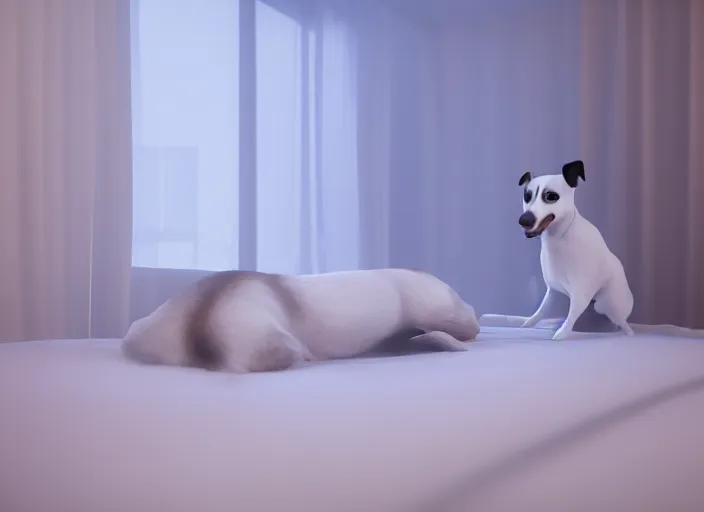 Image similar to photography of a Jack Russel watching outside the window on a bed in a 3d rendered white room, octane render, 3d, foggy, volumetric light, volumetric fog, photorealistic, unreal engine 5