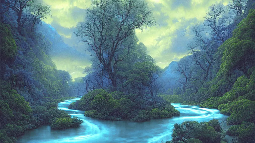 Image similar to digital painting of a lush river valley by gerald brom. blue river. cold icy day. digital render. detailed. beautiful landscape.