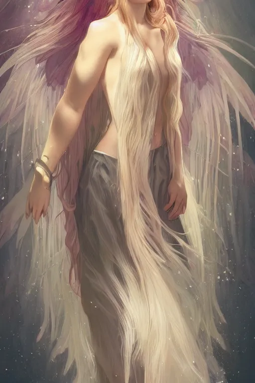 Image similar to A beautiful angelic woman with white long flowy hair, cinematic lighting, soft bokeh, sci-fi, modern, colourful, highly detailed, digital painting, artstation, concept art, sharp focus, illustration, by alphonse mucha