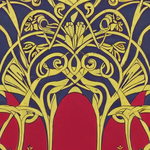 Image similar to symmetrical mural painting from the early 1 9 0 0 s in the style of art nouveau, red curtains, art nouveau design elements, art nouveau ornament, scrolls, flowers, flower petals, rose, opera house architectural elements, mucha, masonic symbols, masonic lodge, joseph maria olbrich, simple, iconic, masonic art, masterpiece, artgerm