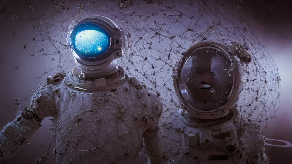 Image similar to a cybernetic symbiosis of a single astronaut eva suit infected with diamond 3d fractal lace iridescent bubble 3d skin covered with insectoid compound eye camera lenses floats through the living room, film still from the movie directed by Denis Villeneuve with art direction by Salvador Dalí, wide lens,